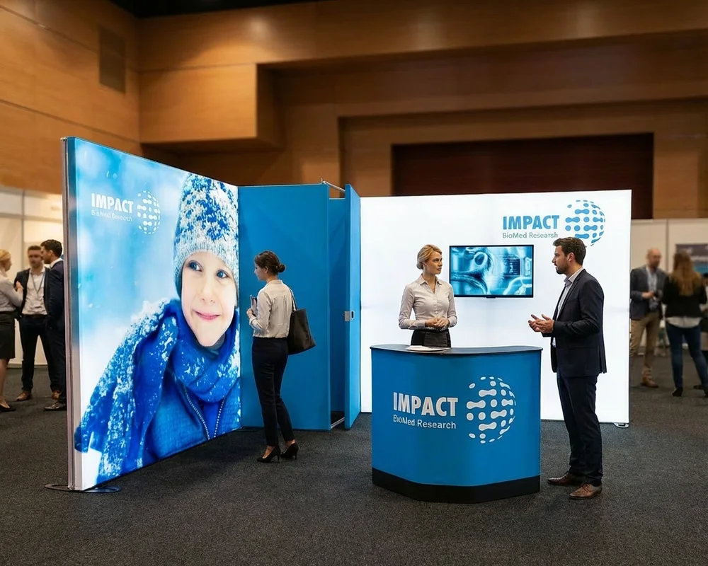 Messestand 4 x 3 m aus zwei hinterleuchteten Wänden, Lagerraum und Theke