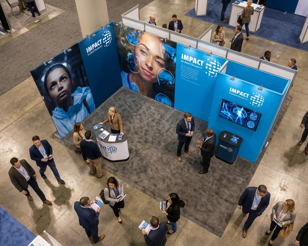 Großer Messestand 7 x 4 m mit Bildschirmwand und zwei Theken, von oben fotografiert